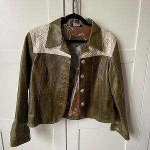 Unique Vintage Olive and Cream Leather Jacket